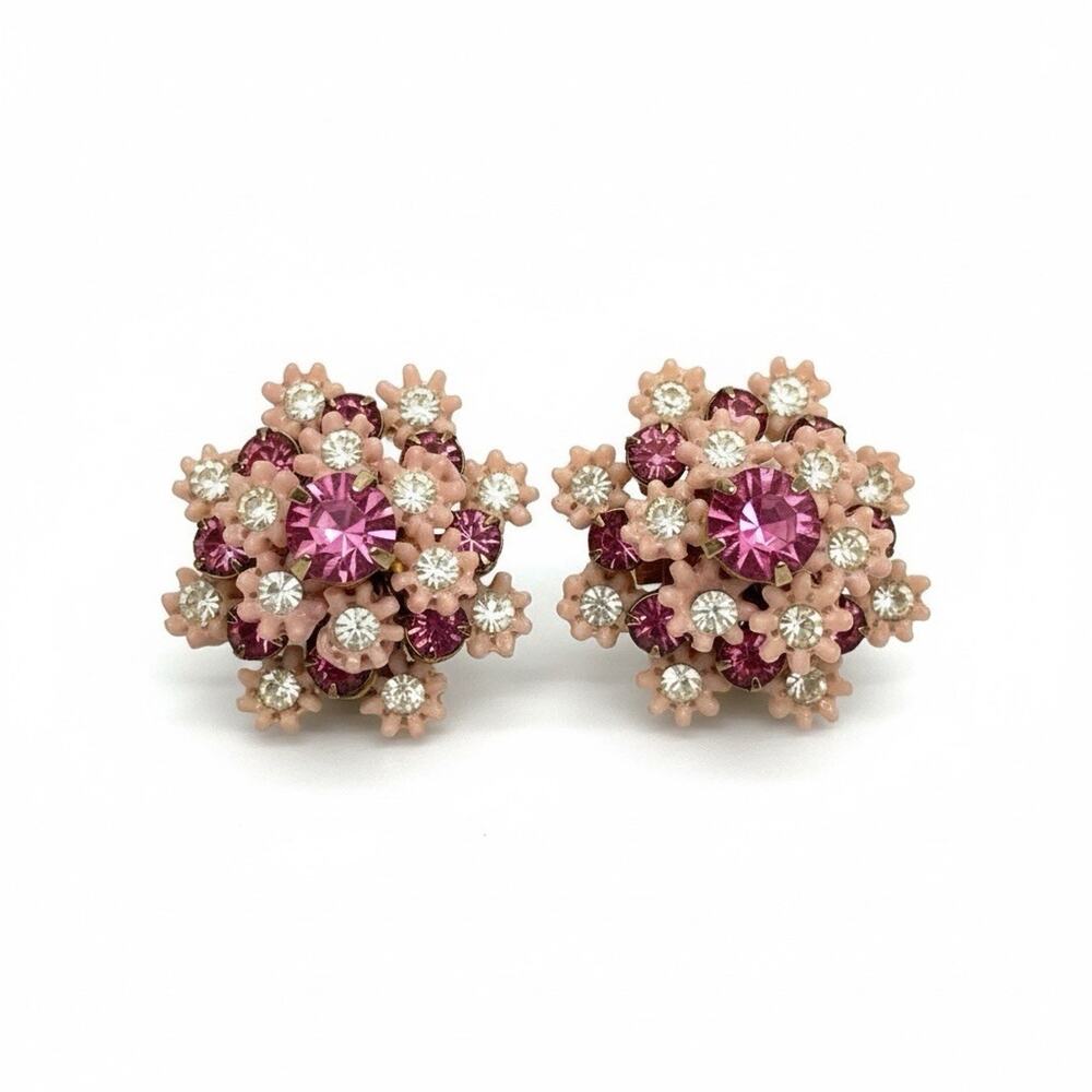 Vintage Leru Flower Rhinestone Pink Floral Clip Ons Earrings Cottagecore Glam